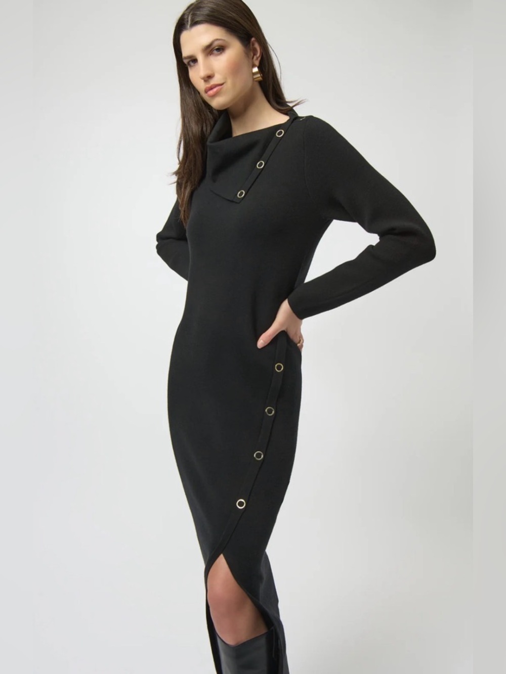 NWT Black Long Sleeve Midi Dress with Asymmetric Snap Detail size M